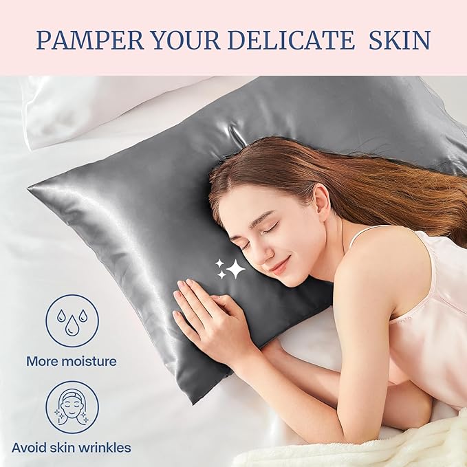 BEDELITE Satin Pillowcase for Hair and Skin, Super Soft and Cooling Similar to Silk Pillow Cases 2 Pack with Envelope Closure, Gift for Women Men(20"x26" Standard Size, Dark Grey) - Bloomnest