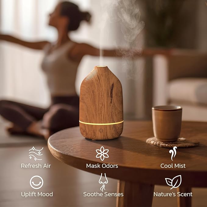 Essential Oil Diffuser, 100ml Aromatherapy Diffuser, Mini Ultrasonic Diffuser for Essential Oil, Home, Office, Cool Mist Humidifier with 7 Led Light, Auto Shut-Off, Wood Grain - Bloomnest