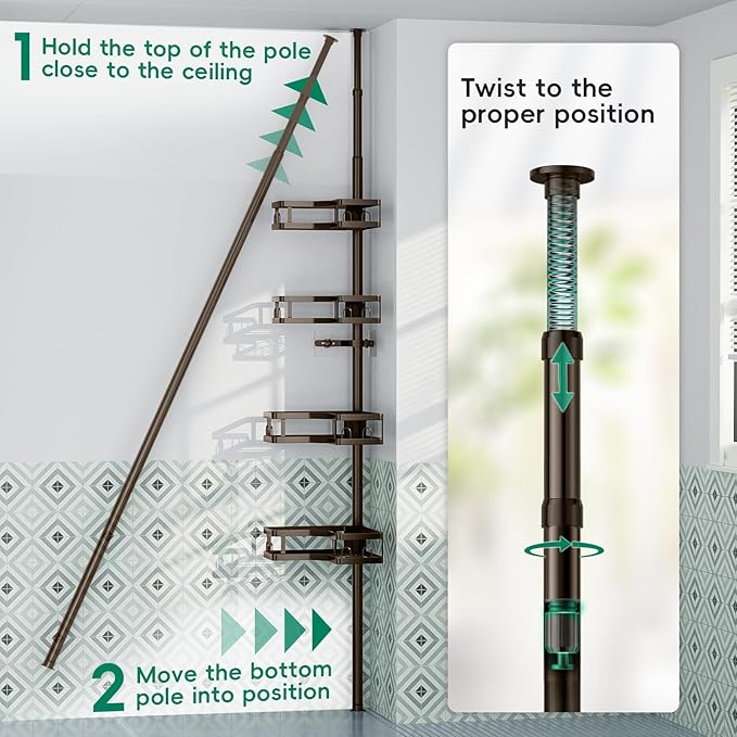 HEVEL Corner Shower Caddy Tension Pole, 4 Tier Adjustable Shower Organizer Corner 62-115 Inch, Rustproof Bathroom Shower Shelves for Bathtub Storage,Bronze - Bloomnest
