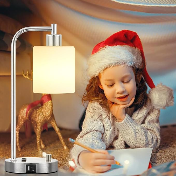 Lynnoland Set of 2 Industrial Table Lamps with USB C+A Ports and Outlet, Brushed Nickle Fully Stepless Dimmable Bedside Lamps, Nightstand Lamp with Opal Glass Shade for Reading Office (2 LED Bulb) - Bloomnest