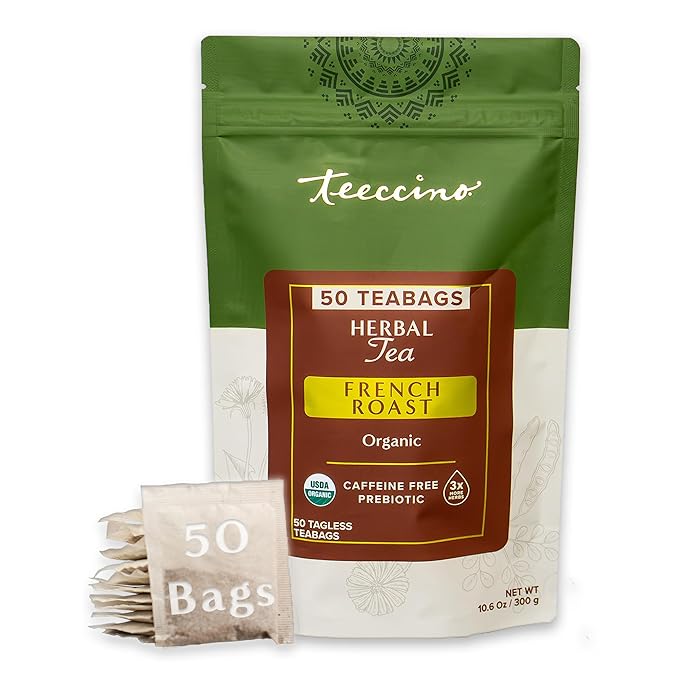 Teeccino French Roast Herbal Tea - Rich & Roasted Herbal Tea That’s Caffeine Free & Prebiotic for Natural Energy, Coffee Alternative, 50 Tagless Eco-Friendly Tea Bags - Bloomnest