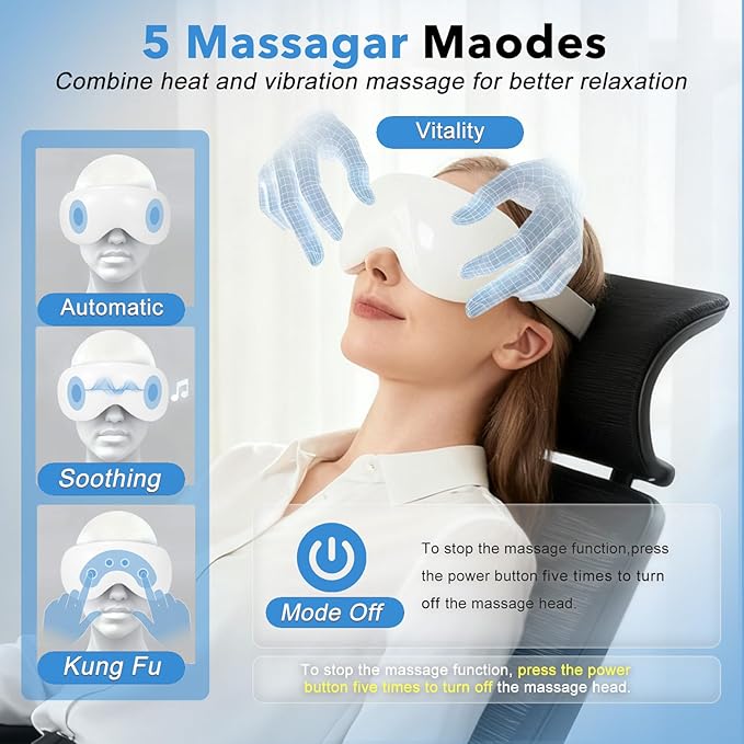 Eye Massager with Heat and Cooling for Migraines – 14 Massage Nodes for Eye Strain Relief, Rechargeable Bluetooth Music, Improve Sleep,Eye Strain Relief, Birthday Gifts for Women and Men(White) Bloomnest