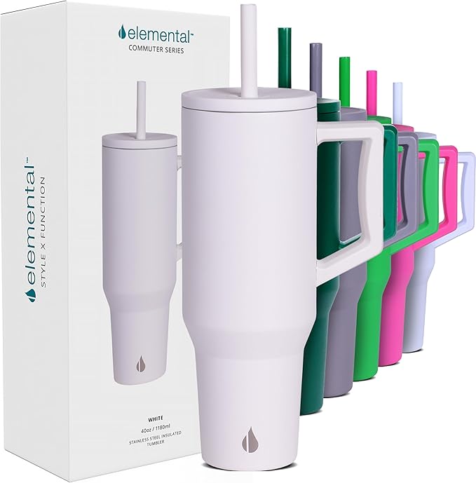Elemental 40 oz Tumbler with Handle and Straw - Spill Proof Insulated Stainless Steel Commuter for Hot and Cold Beverages - Travel Coffee Mug with 2 Straws & Spill Proof Lid - 40oz - White - Bloomnest