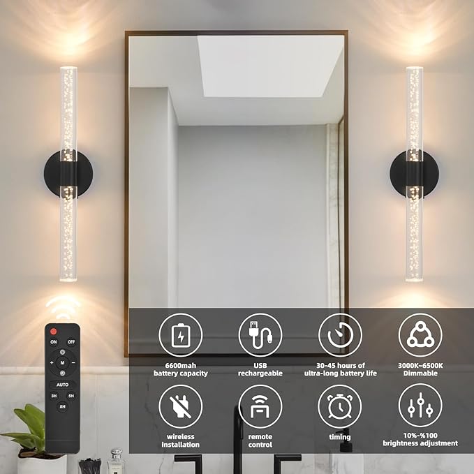 Battery Operated Wall Sconces Set of 2, Black 20'' Rechargeable Crystal Bubble Wall Sconce with Remote Control, 3000K-6000K Dimmable LED Wireless Wall Lights for Living Room Bedroom Bathroom Hallway - Bloomnest