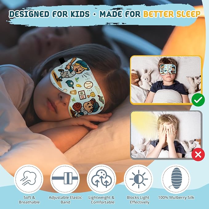 Kids Sleep Mask – 100% Mulberry Silk Eye Mask with Adjustable Strap, Soft Light Blocking Sleeping Mask for Children, Cute Printed Eye Cover for Boys Girls Ages 5-15 (Baseball Style) - Bloomnest