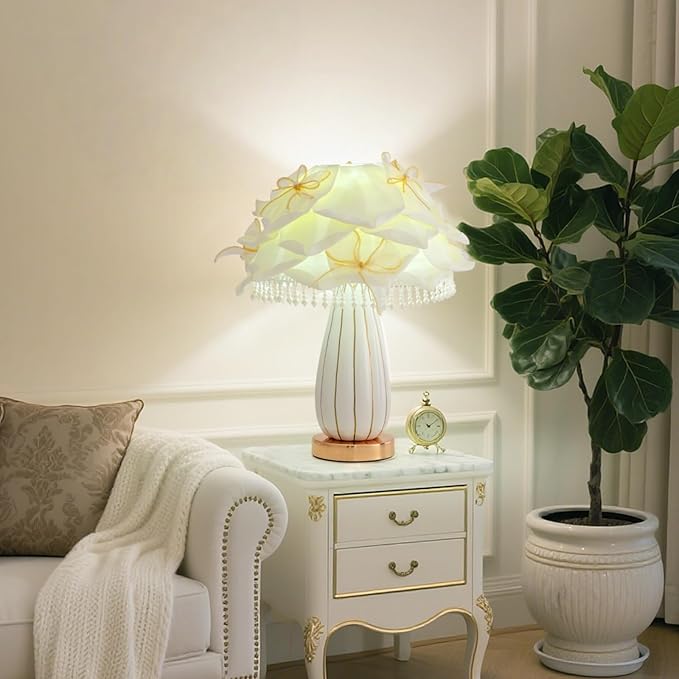 White Flower Girls Table Lamp Modern Princess Desk Lamp Cute Bow Bedside Lamp Nordic Nightstand Petal Light for Bedroom Valentines Dating Wedding Living Room Entry Office Study Room - Bloomnest