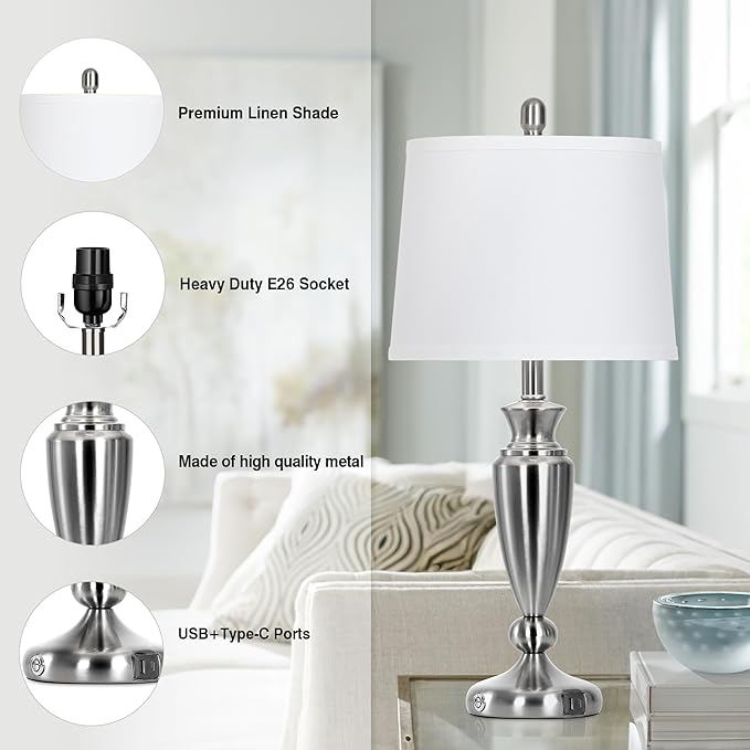 Metal Table Lamps Set of 2, 3 Way Touch Control Silver Bedside Lamps with USB A+C Ports, Modern Brushed Nickel Nightstand Lamps for Bedroom Living Room - Bloomnest