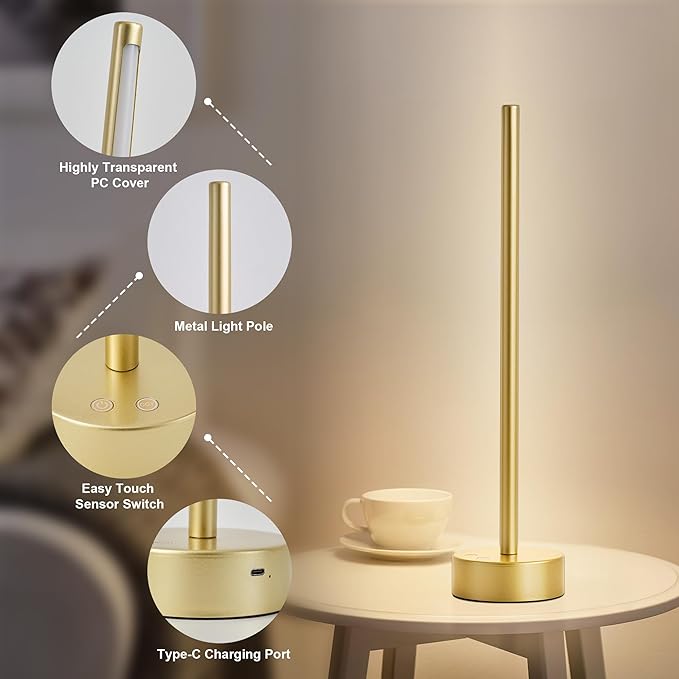 Cordless LED Table Lamp, Battery Operated Portable Desk Lamp,Dimmable/3 Color/Memory Function,Modern Rechargeable Table Light for Living Room,Bedroom,Bedside,Gold - Bloomnest