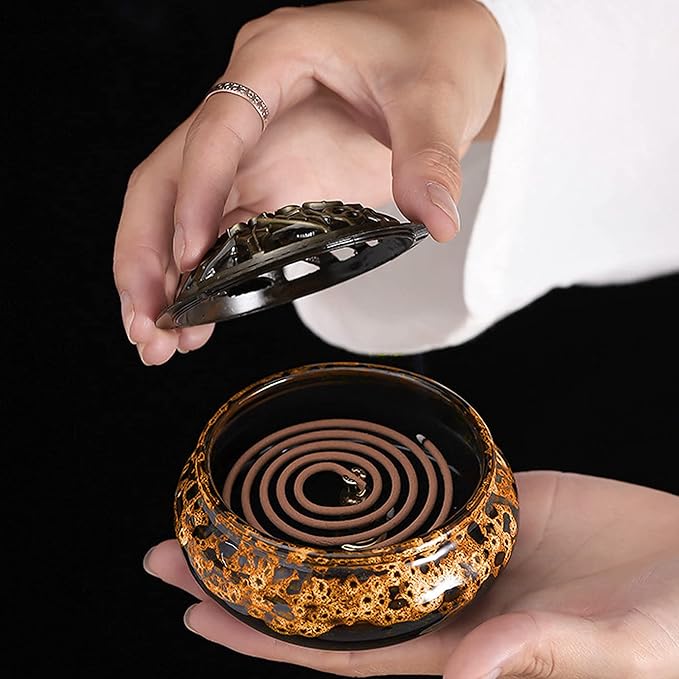 Ceramic Incense Burner with Lid, Bowl Burner， Cone Incense Burner, Ceramic Censer Suitable for Incense/Cone/Coil/Sticks, There are 30 Incense Cones+ Metal Incense Holder+Fireproof Cotton Inside. - Bloomnest