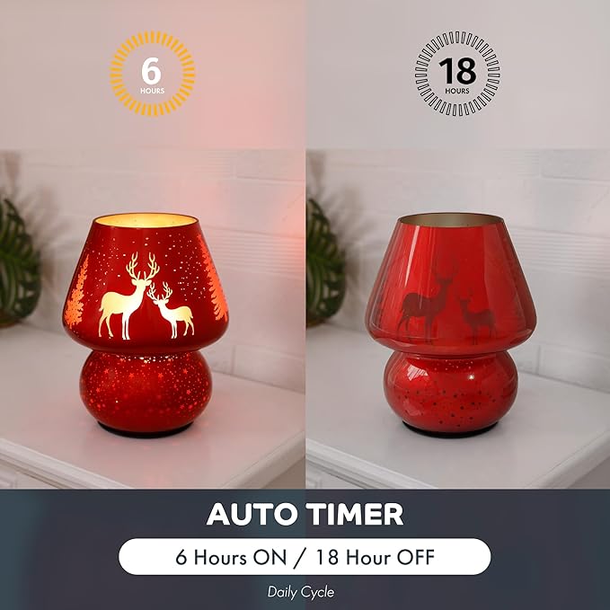 Christmas Battery Operated Mushroom Lamp - Vintage Small Table Lamp with Timer, Cordless Bedside Nightstand Lamp, Glass Battery Powered Lamp for Bedroom Kitchen Living Room Decor Aesthetic - Bloomnest