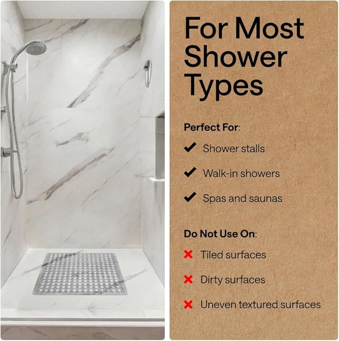 GORILLA GRIP Patented Square Shower Stall Mat, Small Bathtub Floor Mats for Stand Up Showers with Suction Cups and Drainage Holes, Machine Washable, Soft on Feet, Bathroom Accessories 21x21 Inch, Gray - Bloomnest