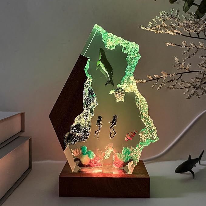 Humpback Whale Ocean Resin Lamp, Handmade Table Relaxing Mood Lamp with USB Port, Art Ornaments for Home Office Decor, Scuba Diver Gift for Birthday Holiday, Valentine's Day Gifts for Husband - Bloomnest