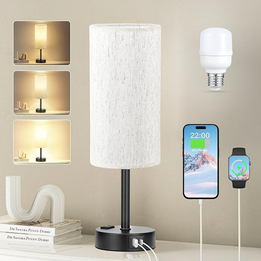 Light Beige Table Lamp for Nightstand - 3 Way Dimmable Bedside Lamp for Bedroom with USB C A Charging Ports and AC Outlet, Small Desk Lamp with Black Base for Living Room, Office, LED Bulb Included - Bloomnest