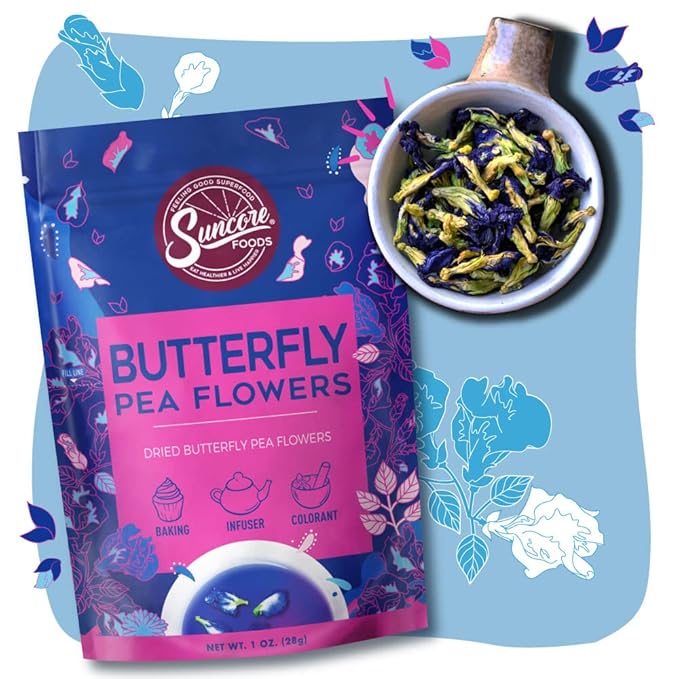 Suncore Foods Dried Butterfly Pea Flowers Bloom, Caffeine-Free Tea, Gluten-Free, Non-GMO, 1oz (1 Pack) - Bloomnest
