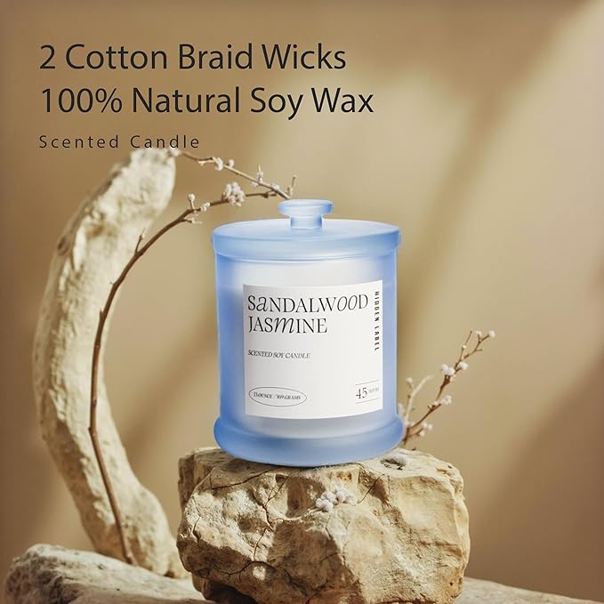 Sandalwood Jasmine Scented Candle, 2 Wicks, 13oz Natura Soy Wax Non Toxic, Large Candles for Home Scented, 75Hs Long Lasting Clean Burn | Aromatherapy Candle for Home Decor, Stress Relief & Relaxation - Bloomnest