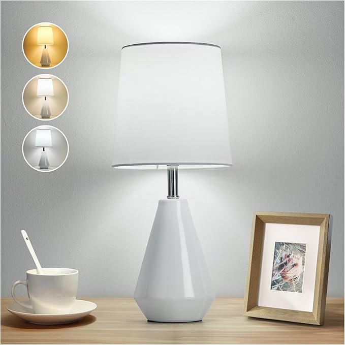Small Bedside Table Lamp for Bedroom - Reading Desk Lamp with 3 Color Temperatures，15.5" Nightstand Ceramic Lamp with Fabric Shade for Kids Room,Living Room,Dorm,Home Office (White) - Bloomnest