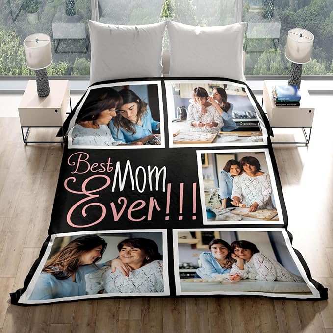 Custom Mom Blanket with 5 Photos Personalized Blanket with Pictures Customized Throw Gifts for Mom Grandma Photo Throw Blanket for Birthday Mother's Day, 15 Colors Available - Bloomnest