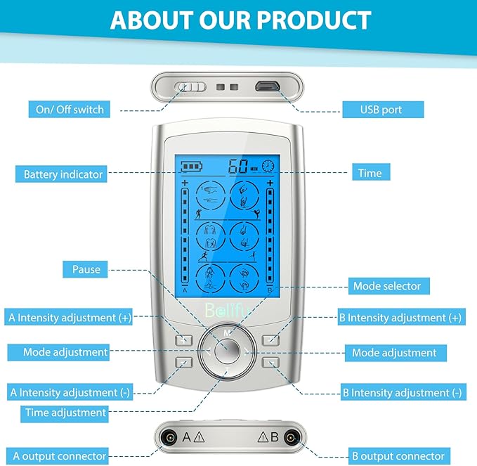 Belifu Dual Channel TENS EMS Unit 24 Modes Muscle Stimulator for Pain Relief Therapy, Electronic Pulse Massager Muscle Massager with 10 Pads, Dust-Proof Drawstring Storage Bag, Fastening Cable Ties Belifu