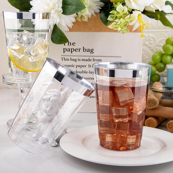 I00000 50 Pack 12 oz Silver Plastic Cups, Silver Rimmed Disposable Cups, Party Wine Glasses Disposable Cocktail Glasses Heavy Duty Cups with Silver Rim, 12 Ounce Plastic Tumblers For Party - Bloomnest