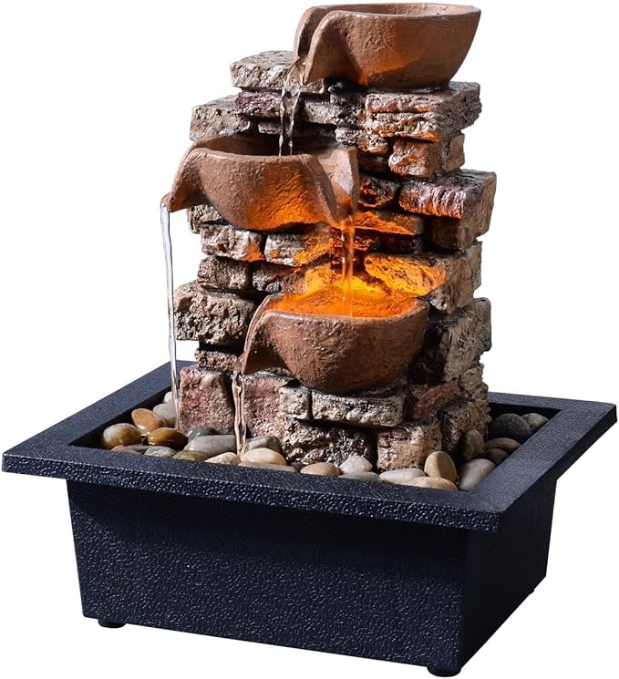 Indoor Tabletop Fountain 3-Tier Rockery Relaxation, Soothing Sound Home/Office/Bed Room Decor,Gifts for Mom/Grandma Relaxing Waterfall Meditation Tabletop Fountain LED Lights - Bloomnest