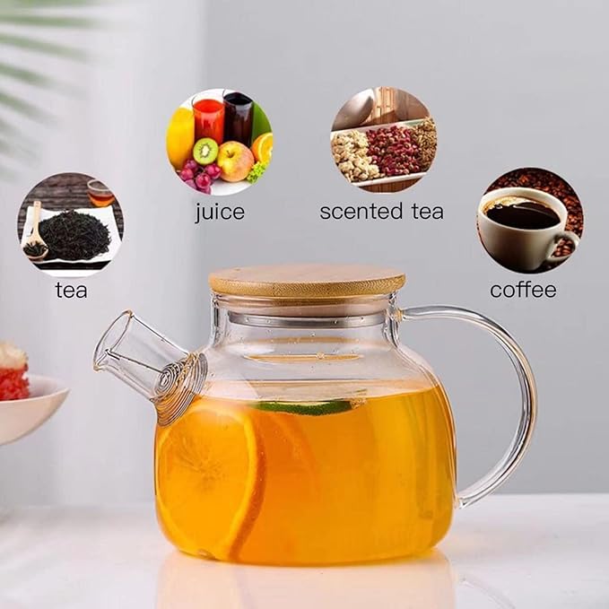 Glass Tea Pot Kettles Stovetop Safe, 33.8oz/1000ml Heatproof Borosilicate Glass Teapot Water Pitcher With Bamboo Lid and Removable Filter Spout for Loose Leaf and Blooming Tea - Bloomnest