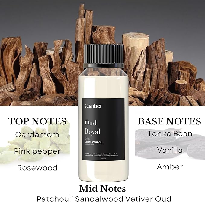 Scentia Oud Royal Hotel Diffuser Oil 120 ml | Oud Royal for Scent Diffuser | Luxurious Aroma, Niche Scent, Cardamom, Rosewood & Oud | 120ml Aromatherapy Fragrance Scentia