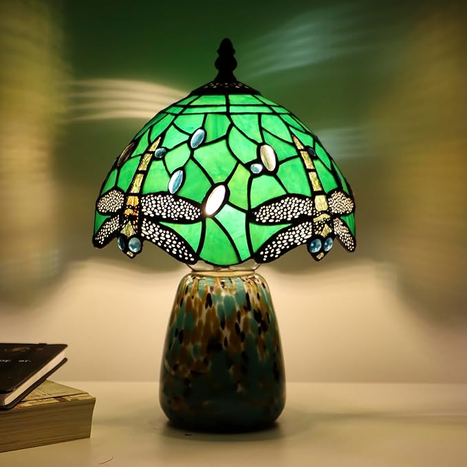 Tiffany Mushroom Table Lamp Dragonfly Style Green Stained Glass Accent Lamp Brown Blue Glass Base 8X8X12 Inch - Bloomnest