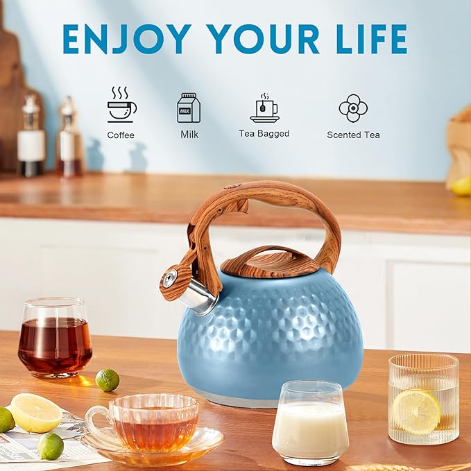 GGC Tea Kettle for Stove Top, Loud Whistling Kettle for Boiling Water Coffee or Milk, 3.1 Quart 3L Heavy Stainless Steel Blue Kettle with Wood Pattern Handle, Unique Button Control Kettle Outlet - Bloomnest