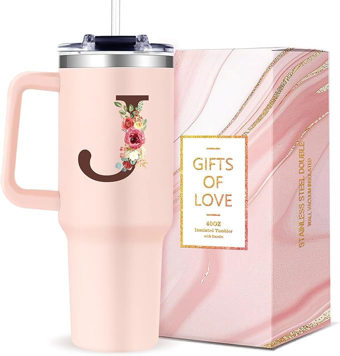 Monogrammed 40oz Tumbler with Handle for Women, Personalized Birthday Gifts for Women,Initial Cups for Woman Floral Letter J,Customized Gifts for Female Lady Gift for Mothers Day Christmas - Bloomnest