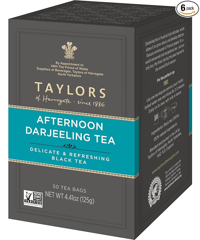 Taylors of Harrogate Afternoon Darjeeling, Black Tea, Pillow Bags 50 Count (Pack of 6), Delicate, Sweet & Floral, Caffeinated, Enjoy Hot or Iced, 300 Teabags Total - Bloomnest