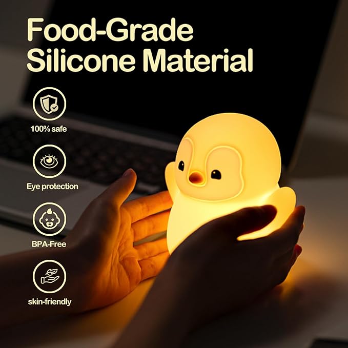 ATSUI Happy Penguin Night Light, LED Squishy Novelty Animal Lamp, Food Grade Silicone, 2 Level Dimmable, Nursery Nightlight for Desk Decor, Funny Gifts Stuff for Boys Girls Baby, White Elephant Gifts - Bloomnest
