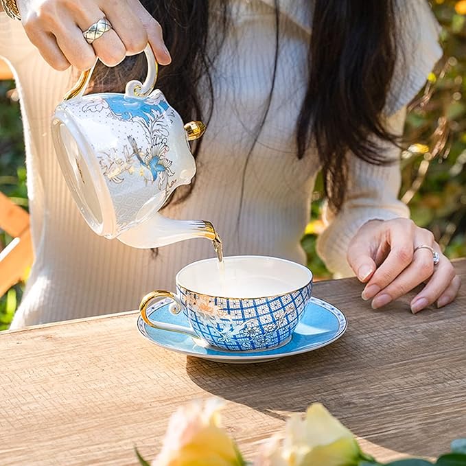 ACMLIFE Tea for One Teapot and Cup, Vintage Floral Porcelain Tea Set for One, Bone China Teapot with Cup Set, Tea Pot Gift for Women (Blue-B) - Bloomnest