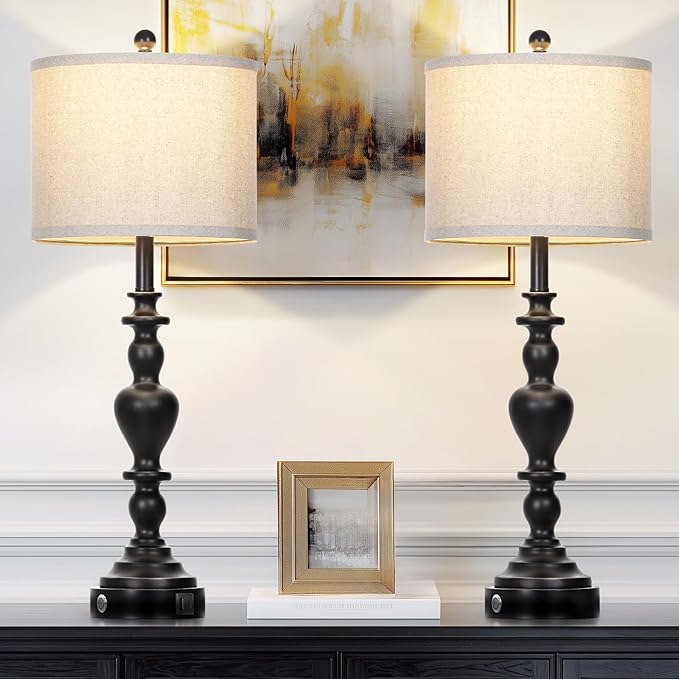 27" Vintage Table Lamps for Living Room Set of 2, Farmhouse Rustic Nightstand Lamps with USB C+A Ports, 3-Way Dimmable Bedside Lamp for Bedrooms Office Dorm, 2 LED Bulbs Included Washed Antique Black - Bloomnest