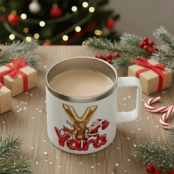 Personalized Christmas Insulated Coffee Mug with Handle – Custom Gold Balloon Initial Letter [S] Double Wall Stainless Steel Travel Tumbler – Unique Holiday Gift for Men, Women, & Kids(B114) - Bloomnest