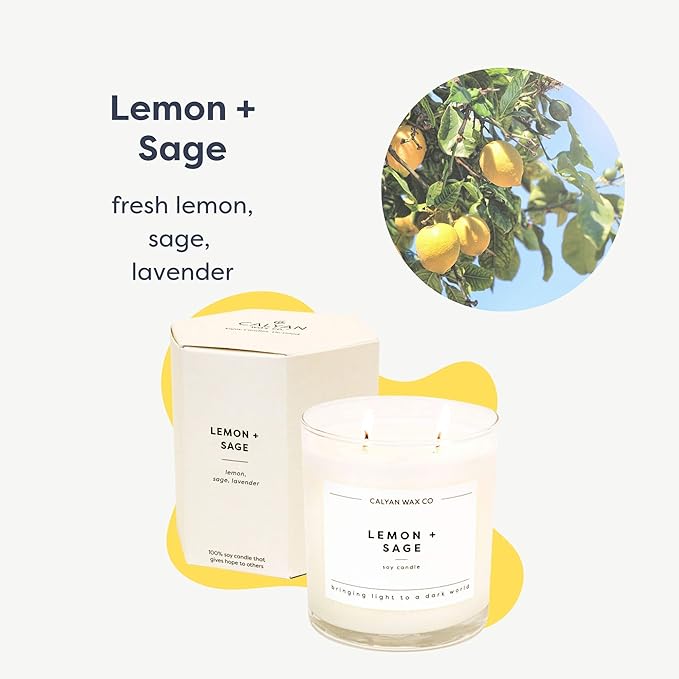 Calyan Wax Co. 2 Wick Candle, Lemon + Sage Scented Candle, 37 Hour Burn Time, Aromatherapy Soy Candles, Non Toxic & Vegan Soy Wax, Glass Tumbler Scented Candles, 8.8oz - Bloomnest