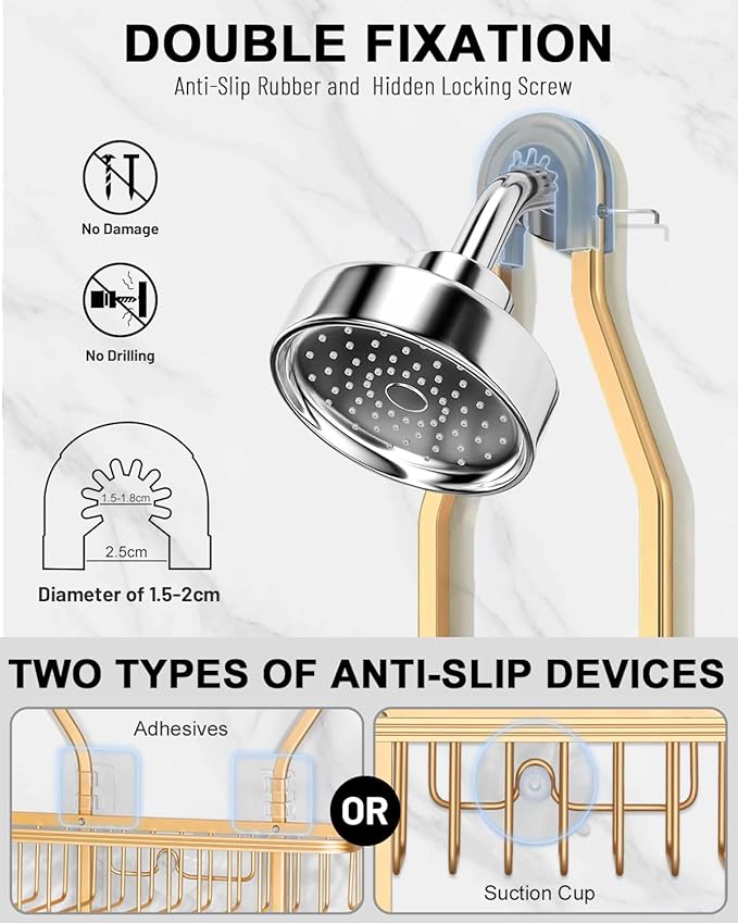 Shower Caddy Hanging - Never Rust Shower Hanging Organizer - Aluminum Over the ShowerHead Caddy with Soap Basket and 6 Razor/Sponge Hooks (Gold) - Bloomnest