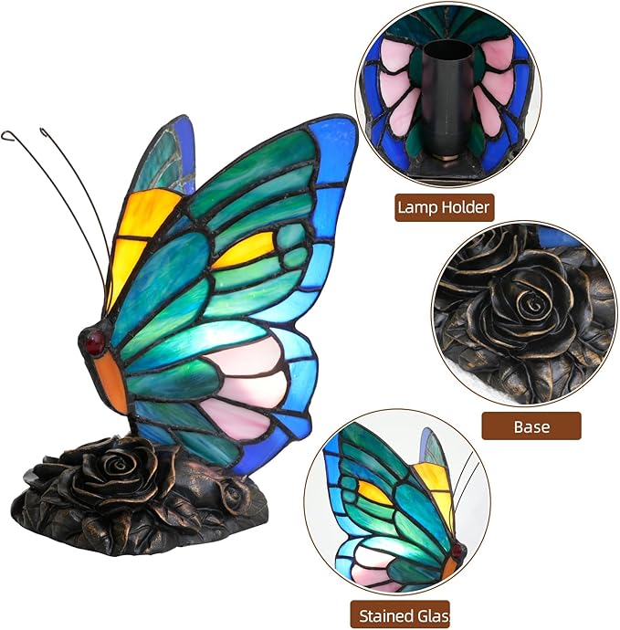 Small Teal and Green Tiffany Style Butterfly Table Lamp for Girls Gift Cute Fun Bedside Desk Lamps Stained Glass Lamp Colorful Vintage Art Unique Bedroom Nightstand Decor Accent Night Light Rose Base - Bloomnest