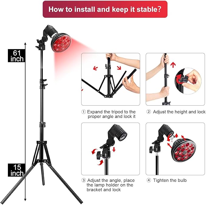 Wolezek LED Red Light Lamp with Stand, Adjustable Tripod 15"-61", 18 LEDs 660nm & 850nm Combo, E26 Standard Socket, Aluminium Shell, Black WOLEZEKLED