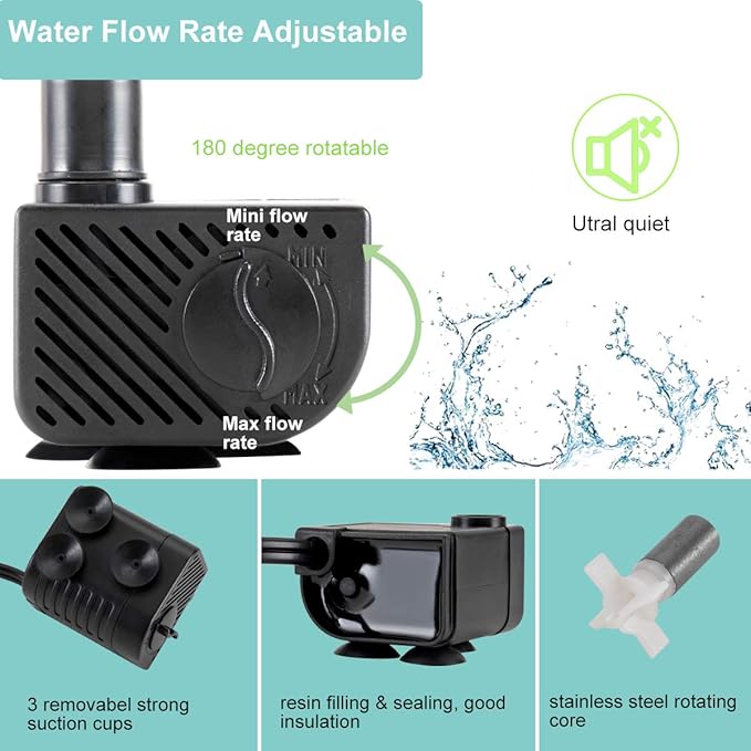 hygger Ultra Quiet 53GPH (200L/H, 3W) Submersible Mini Water Pump Comes with 2 Nozzles, for Aquariums, Fish Tank, Fountain, Hydroponics, Max Lift Height 1.7ft ,120V/60HZ, Power Cord 6ft - Bloomnest