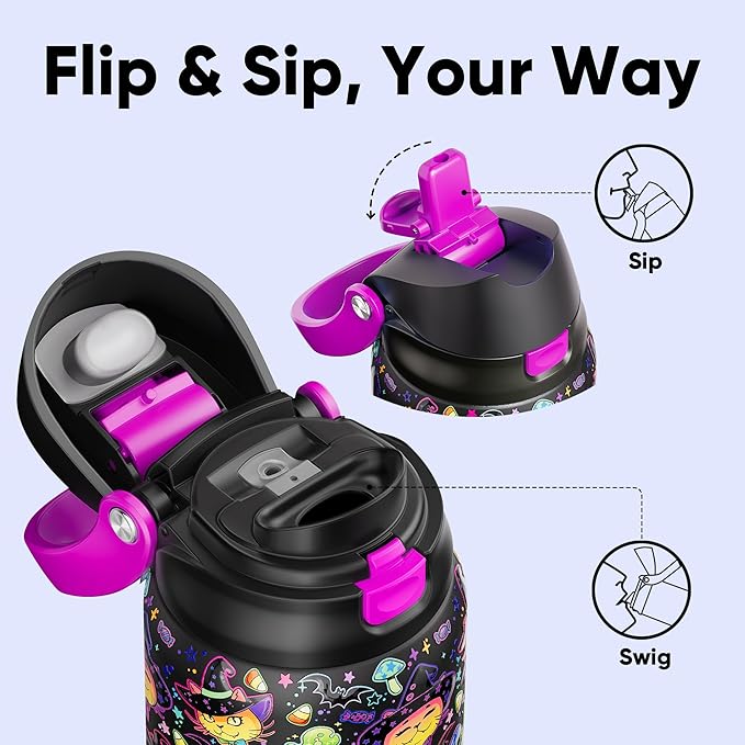 Encool SwiftSip Insulated Stainless Steel Water Bottle with Straw - Leak Proof Sports Water Bottle for School, Travel, Keeps Cold All Day, One-Touch Flip Lid, BPA-Free, 32 oz, Meowgic Night ENCOOL