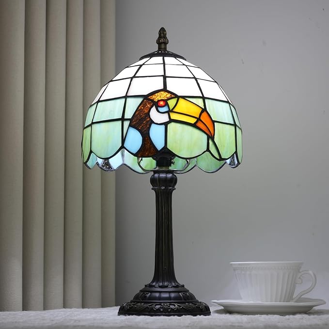 Tiffany lamp 8 inch stained glass lamp European retro black toucan warm color reading bedside lamp suitable for bedrooms dormitories studies antique home decoration art handicrafts (green and white) - Bloomnest