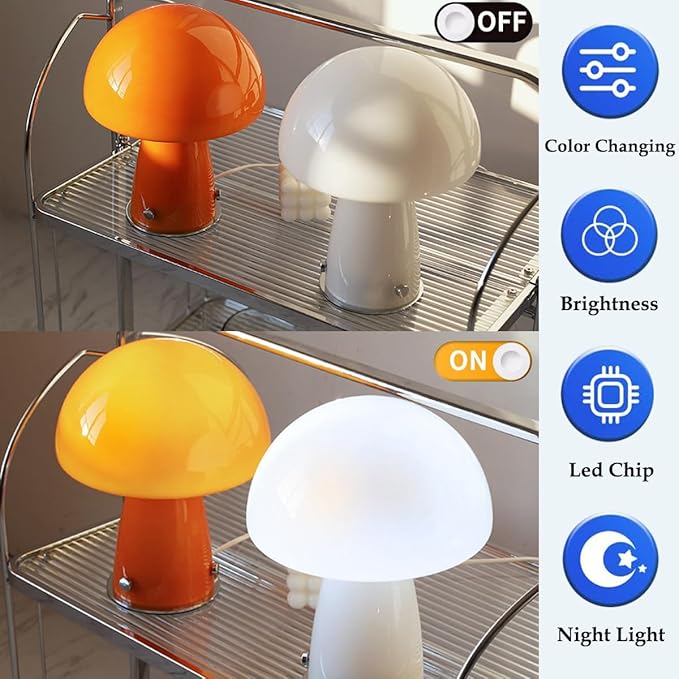White Small Mushroom Table Lamp,3-Color Temperature Glass Desk Light,Bauhaus Decorative Nightstand Lamp,Vintage Style Table Light for Living Room Office - Bloomnest