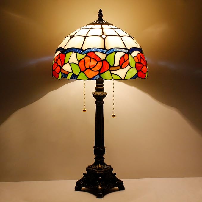 Tiffany Lamp Rose Flower Style Stained Glass Table Lamp Desk Reading Light 12X12X21 Inches with Resin Base Decor Bedroom Living Room - Bloomnest
