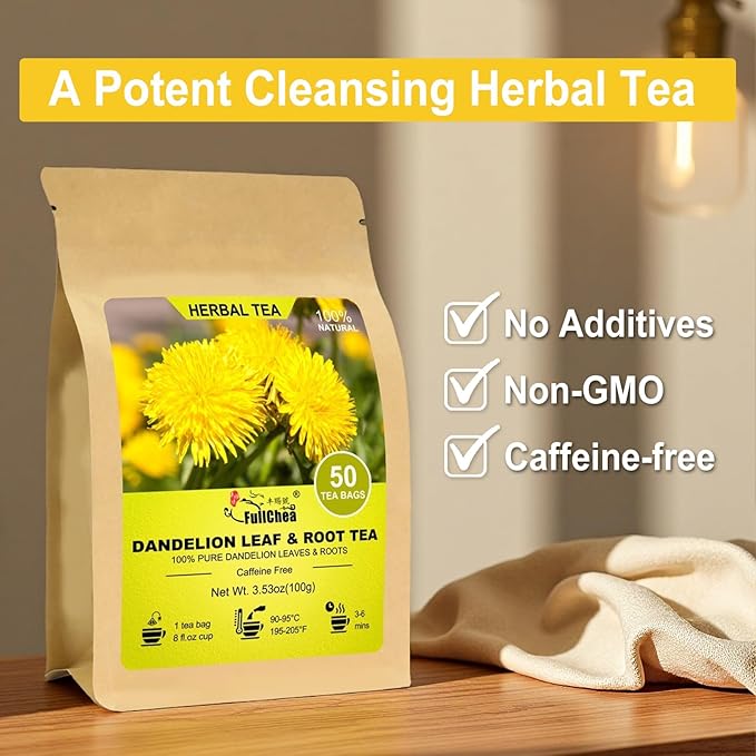 FullChea - Dandelion Leaf & Root Tea bags, 50 Teabags, 2g/bag - Natural Dandelion Herbal Tea for Liver & Kidney Health - Non-GMO - Caffeine-free - Support Digestion & Boost Immune System - Bloomnest