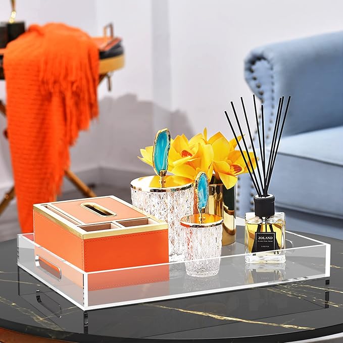 Acrylic Serving Trays with Handles, 16"x 12" Rectangle Sturdy Breakfast Tray, Clear Decorative Trays Organiser for Bedroom, Kitchen, Living Room, Bathroom, Hospital and Outdoors - Bloomnest