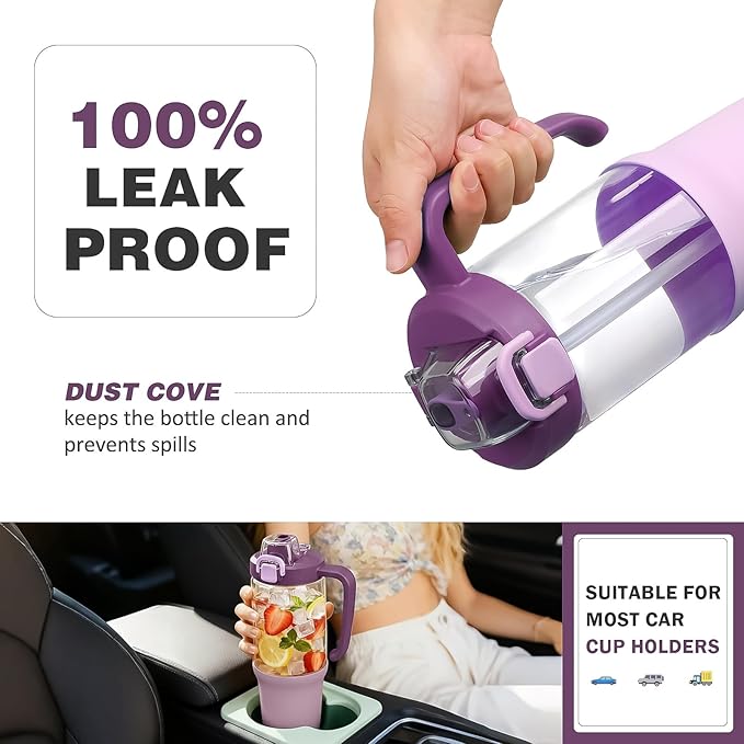 32 oz Glass Tumbler with Handle, 2-in-1 Straw and Sip Spout, Leakproof, BPA-Free Glass Water Bottle for Sports, Office, School, Lilac - Bloomnest
