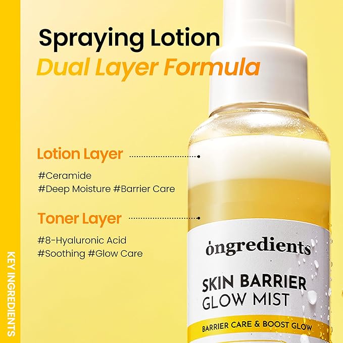 ONGREDIENTS Skin Barrier Glow Mist, Dual-Layer Facial Mist, 98% Pure Glutathione, Multi-Peptide, Centella, Ultra-Fine Spray, Cooling, Dry and Sensitive Skin, Korean Skin Care, 3.38 fl. oz. / 100ml - Bloomnest