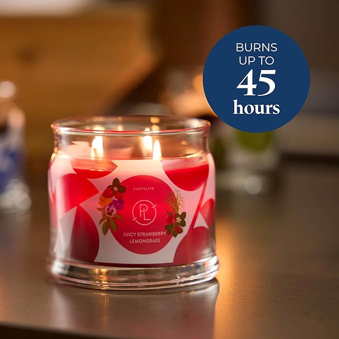 PartyLite Juicy Strawberry Lemongrass Scented, Notes of Lemongrass, Eucalyptus, Pansies, Verbena & Cedarwood, 13.2oz 3-Wick Jar Candle, 45 Hour Burn Time, Luxurious Fragrance, Ideal for Gifting - Bloomnest