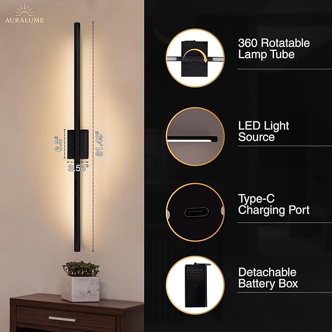 Auralume Wall Sconce Set of Two – Battery Operated LED Wall Lights with Remote, Dimmable, 4 Color Temps 3000K–6000K, 20,000mAh Rechargeable, Modern Indoor Wall Lamps - Bloomnest