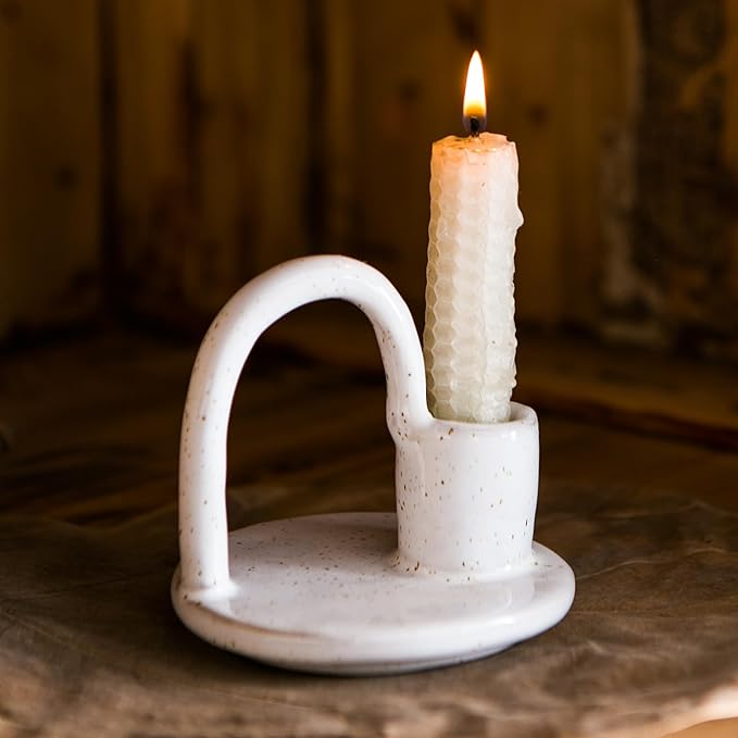 Candle Holder, Ceramic Candle Holder, Christamas Candlestick Holder, for Taper Candles, Vintage Home Decor - White Taper Holder with Handle and Spots - Rustic Style - Bloomnest